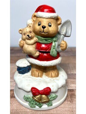 Flambro Porcelain Santa Bear Musical Figurine Plays "White Christmas